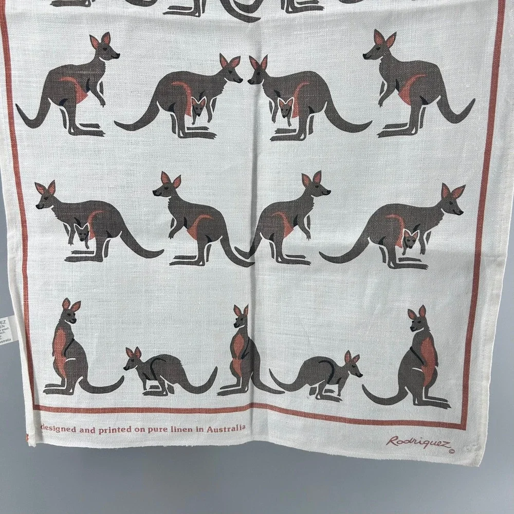 Rodriquez Pure Linen Kangaroo Tea Towel Australian Tourist Souvenir White Gray